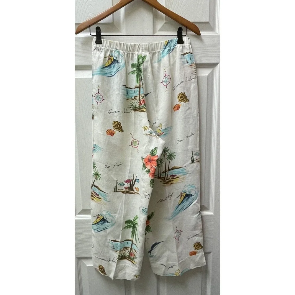 Vintage Hot Cotton Marc Ware Womens S Beach Island Surf Print White Linen Pant - Picture 6 of 14
